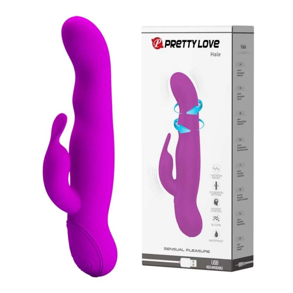 Emballage du stimulateur clitoridien Hale de Pretty Love, boîte grise et blanche montrant le jouet en silicone violet avec sa tête rotative et ses bras articulés turquoise