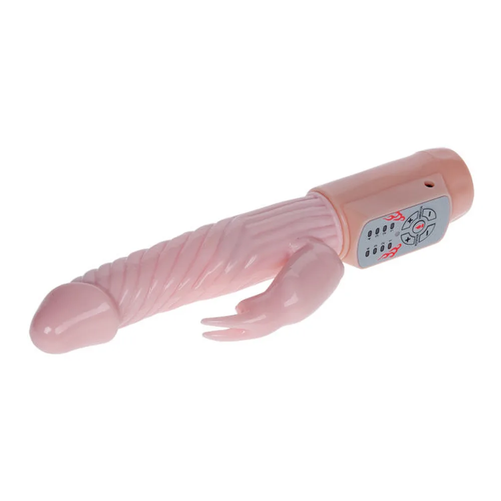 Vibromasseur Fire Bunny rose pâle à tête pointue avec motif hélicoïdal, oreilles de lapin latérales et socle beige avec télécommande grise intégrée, fond blanc