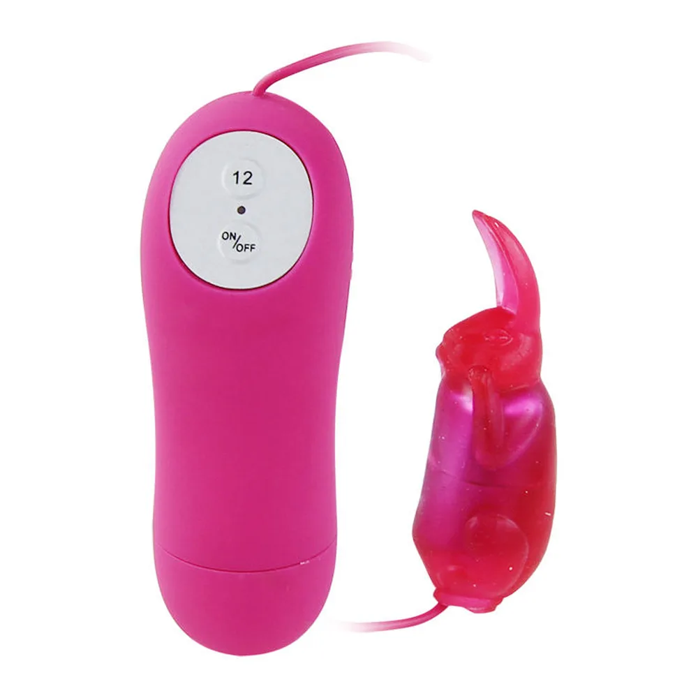 Vibrateur rose avec télécommande filaire et housse lapin rose foncé aux oreilles effilées, contrôle 12 modes et ON/OFF visible