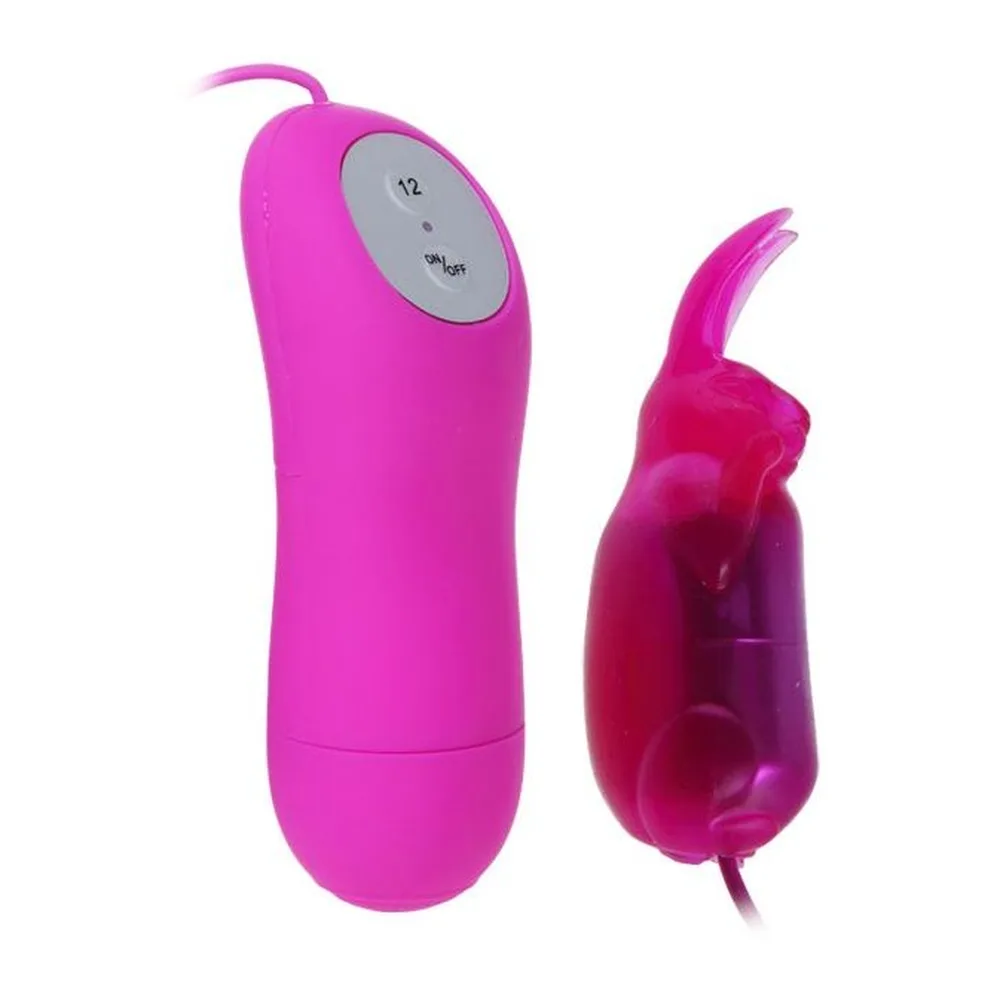 Vibrateur rose avec télécommande filaire et housse lapin rose foncé aux oreilles effilées, contrôle 12 modes et ON/OFF visible