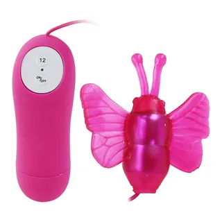Vibrateur papillon rose vif avec ailes larges et deux antennes, accompagné d'une télécommande sans fil rose affichant 12 niveaux d'intensité