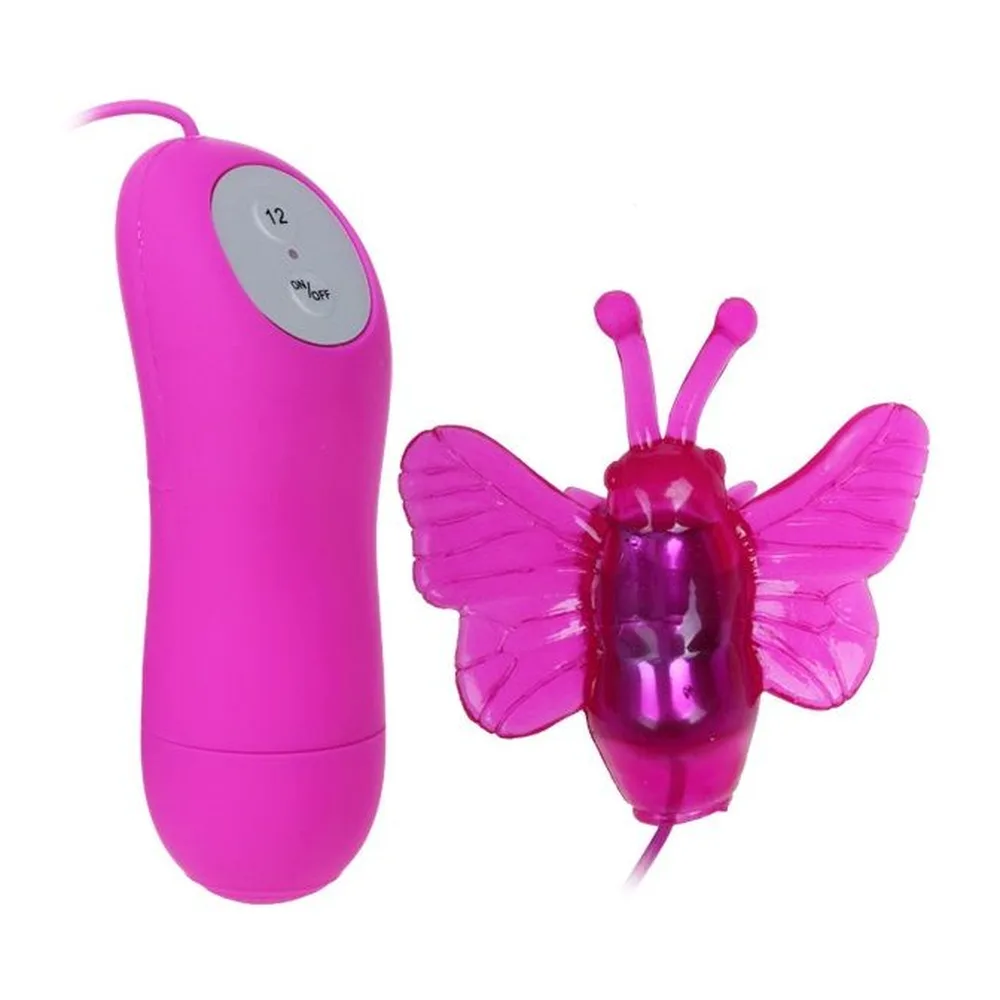 Vibrateur papillon rose vif avec ailes larges et deux antennes, accompagné d'une télécommande sans fil rose affichant 12 niveaux d'intensité