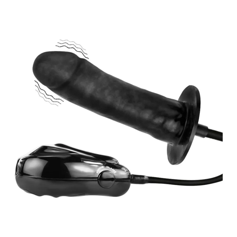Gode gonflable noir en latex avec base large, accompagné de sa poire de commande en métal poli, sur fond blanc