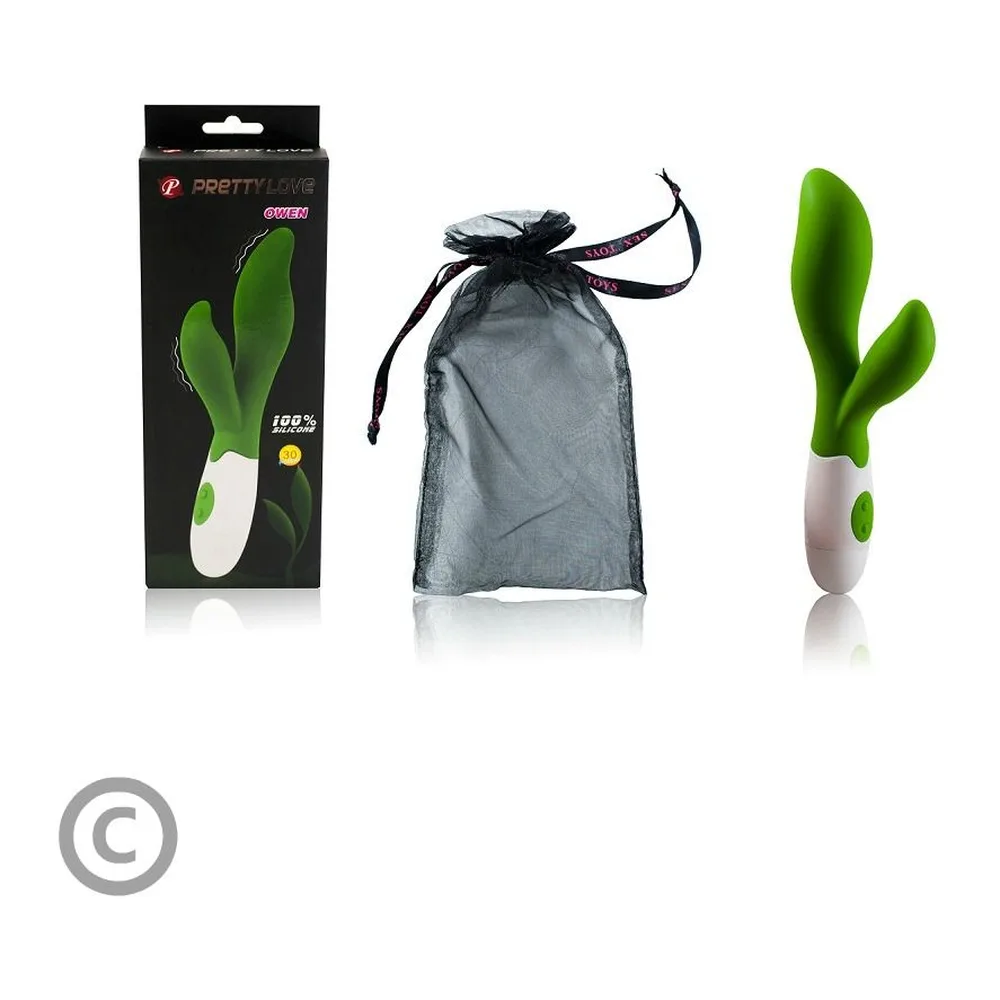 Vibromasseur de forme cactus en silicone souple, tête verte à deux branches courbes et corps blanc avec bouton de commande vert, sur fond blanc