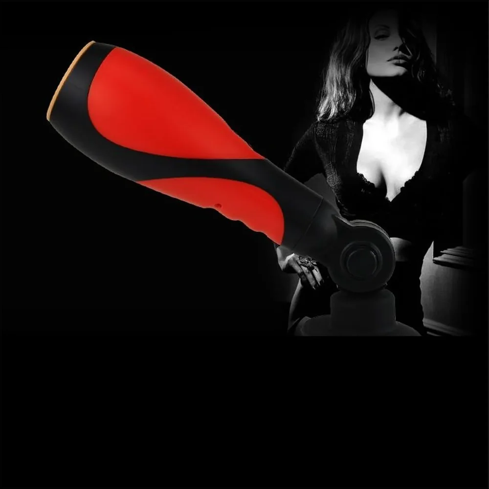 Masturbateur en silicone rouge et noir avec poignée ergonomique, équipé d'une ventouse noire à sa base, fond blanc