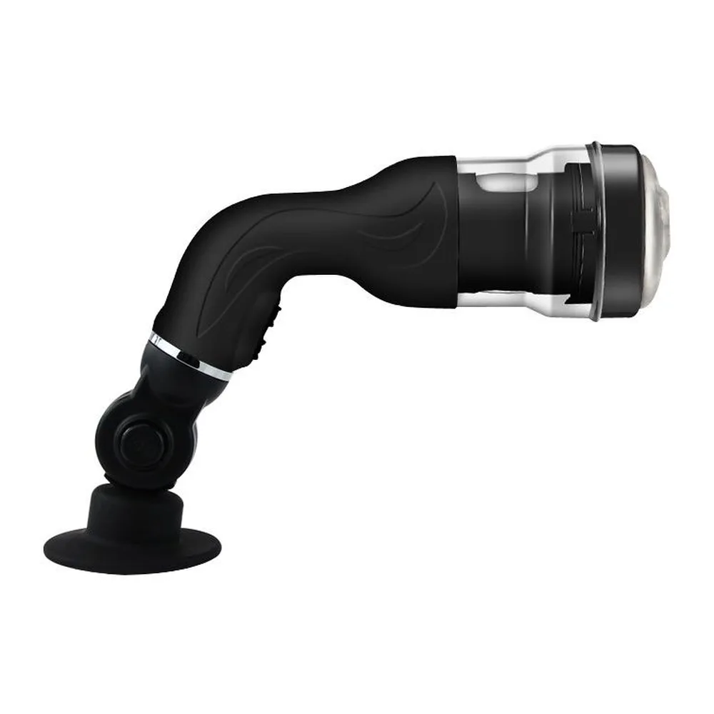 Masturbateur automatique noir avec tube transparent, bras articulé angulé et ventouse de fixation à la base, sur fond blanc