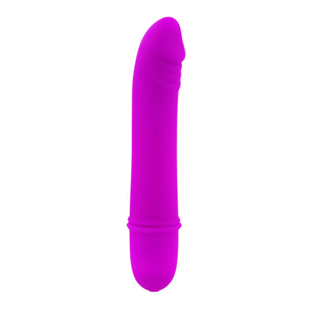 Vibromasseur cylindrique rose fuchsia avec arrondi au sommet, silhouette lisse, environ 12,5 cm de hauteur, diamètre 2 cm, bague de commande visible au tiers inférieur, sur fond blanc