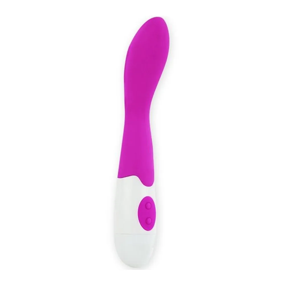 Vibromasseur Bishop en silicone rose fuchsia et blanc, de forme anatomique incurvée, avec manche ergonomique blanc et bouton de commande rose intégré, sur fond blanc