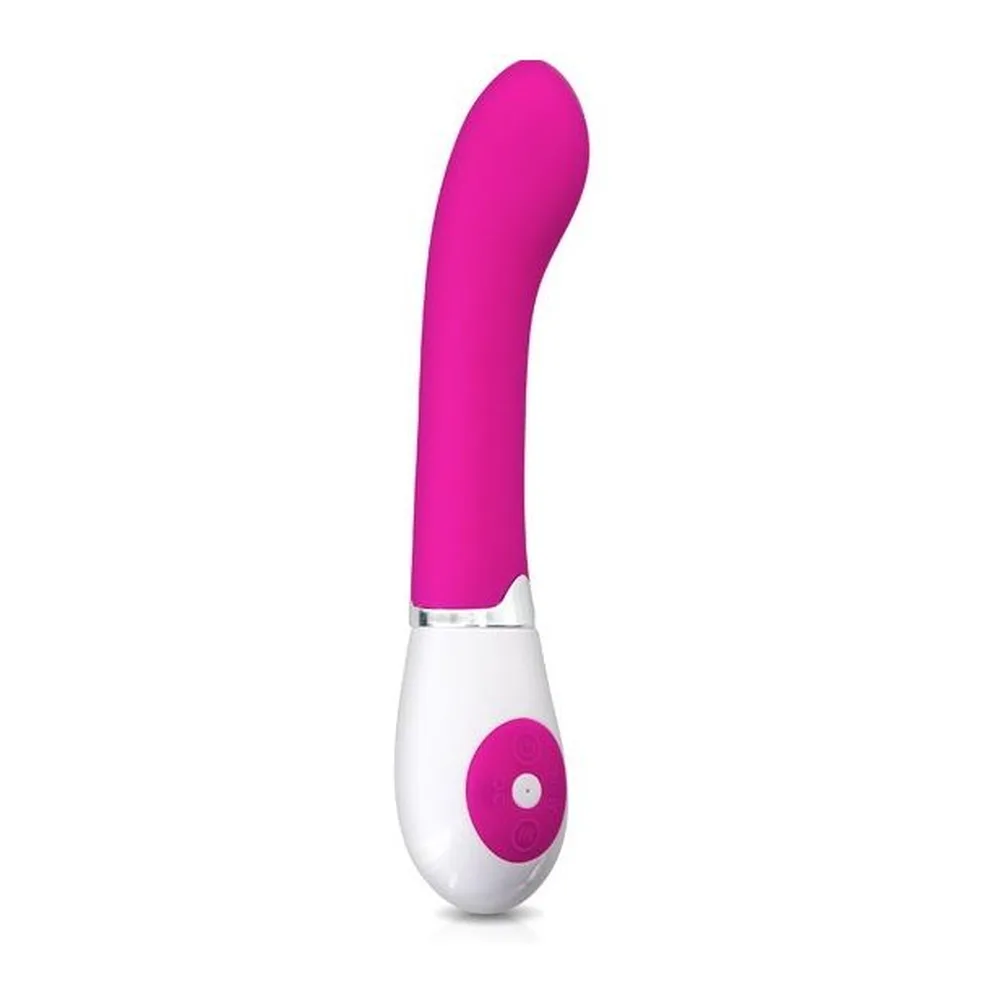 Vibromasseur courbe en silicone rose vif avec manche blanc et bouton de commande rose, fond blanc