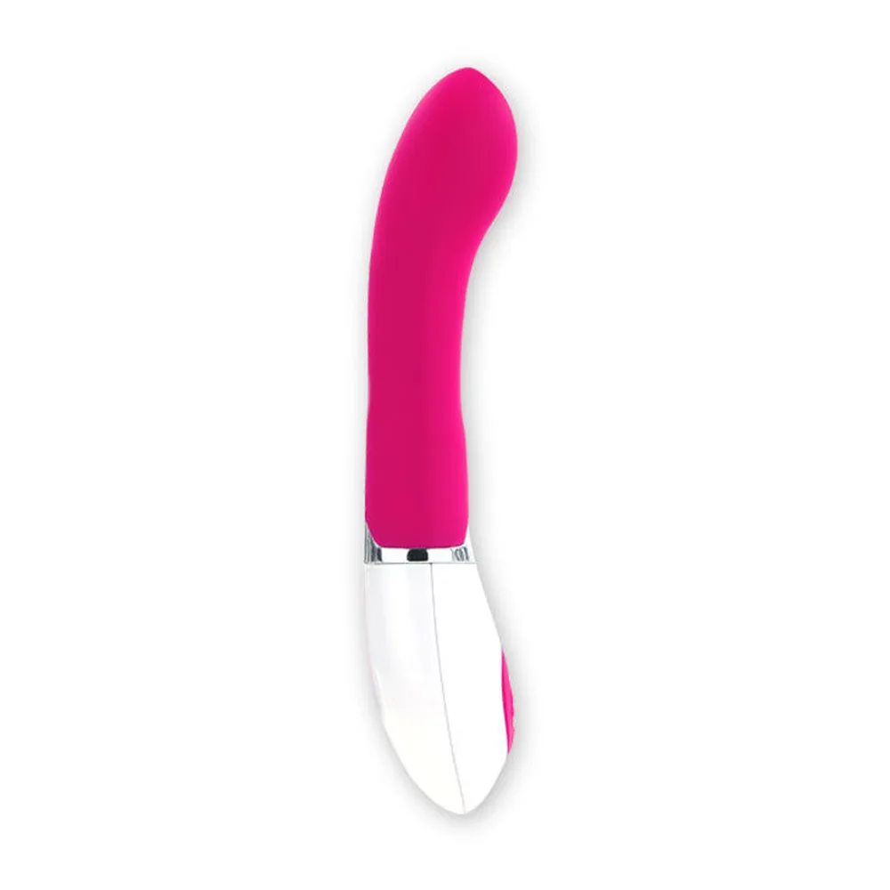 Vibromasseur courbe en silicone rose vif avec manche blanc et bouton de commande rose, fond blanc