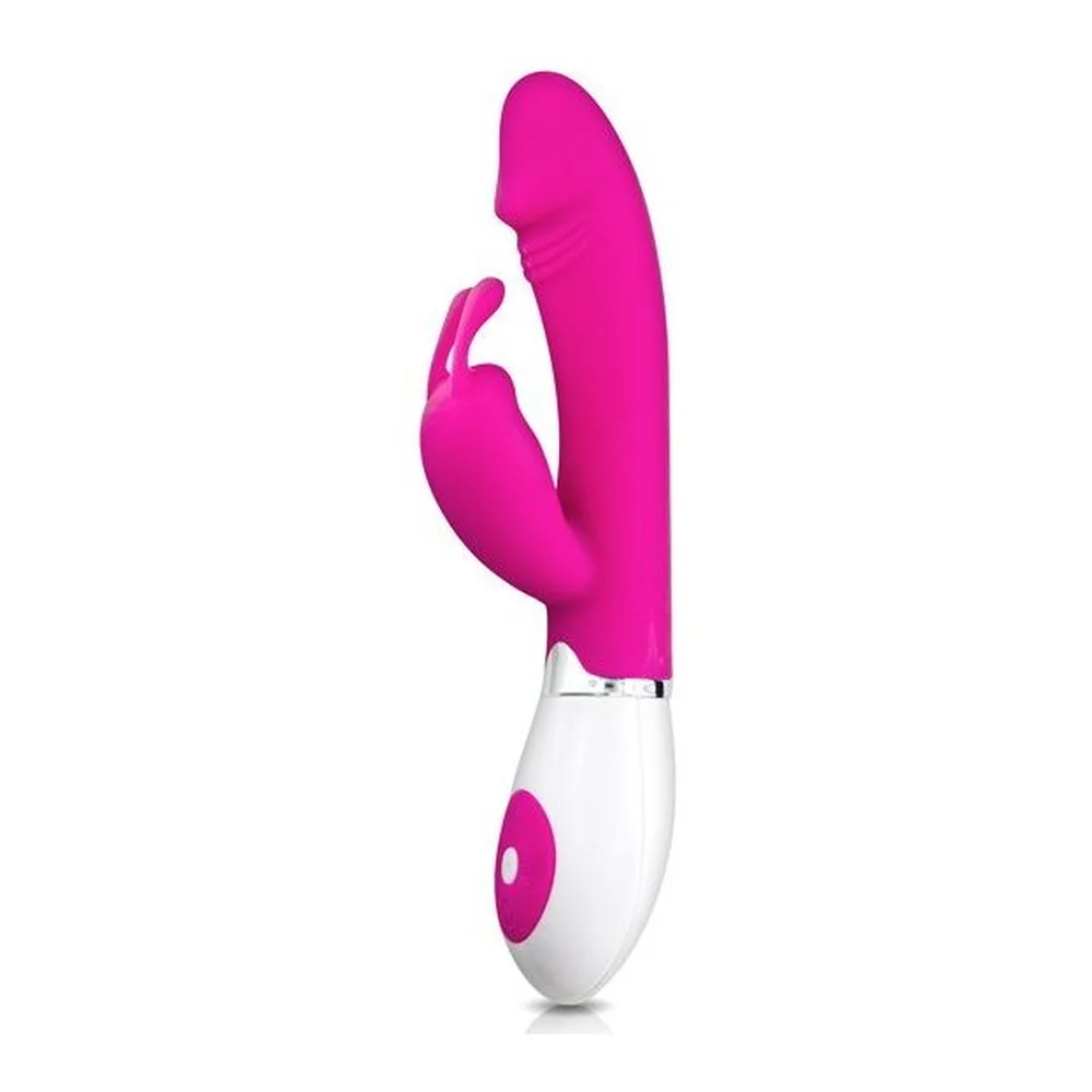 Vibrateur rabbit rose vif et blanc avec bras flexible, stimulateur clitoridien, boîtier de commande blanc et rose sur fond neutre