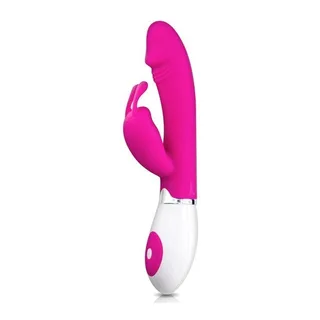 Vibrateur rabbit rose vif et blanc avec bras flexible, stimulateur clitoridien, boîtier de commande blanc et rose sur fond neutre