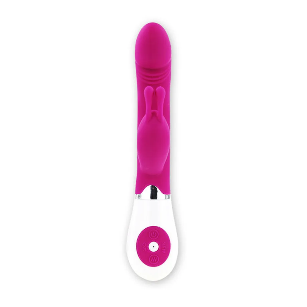 Vibrateur rabbit rose vif et blanc avec bras flexible, stimulateur clitoridien, boîtier de commande blanc et rose sur fond neutre