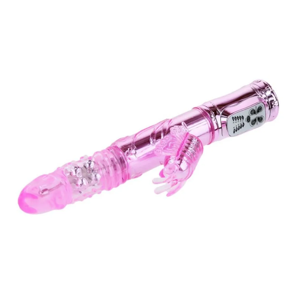 Vibromasseur rechargeable rose et violet avec tige principale et stimulateur latéral texturé, billes rotatives, télécommande filaire incluse, fond blanc