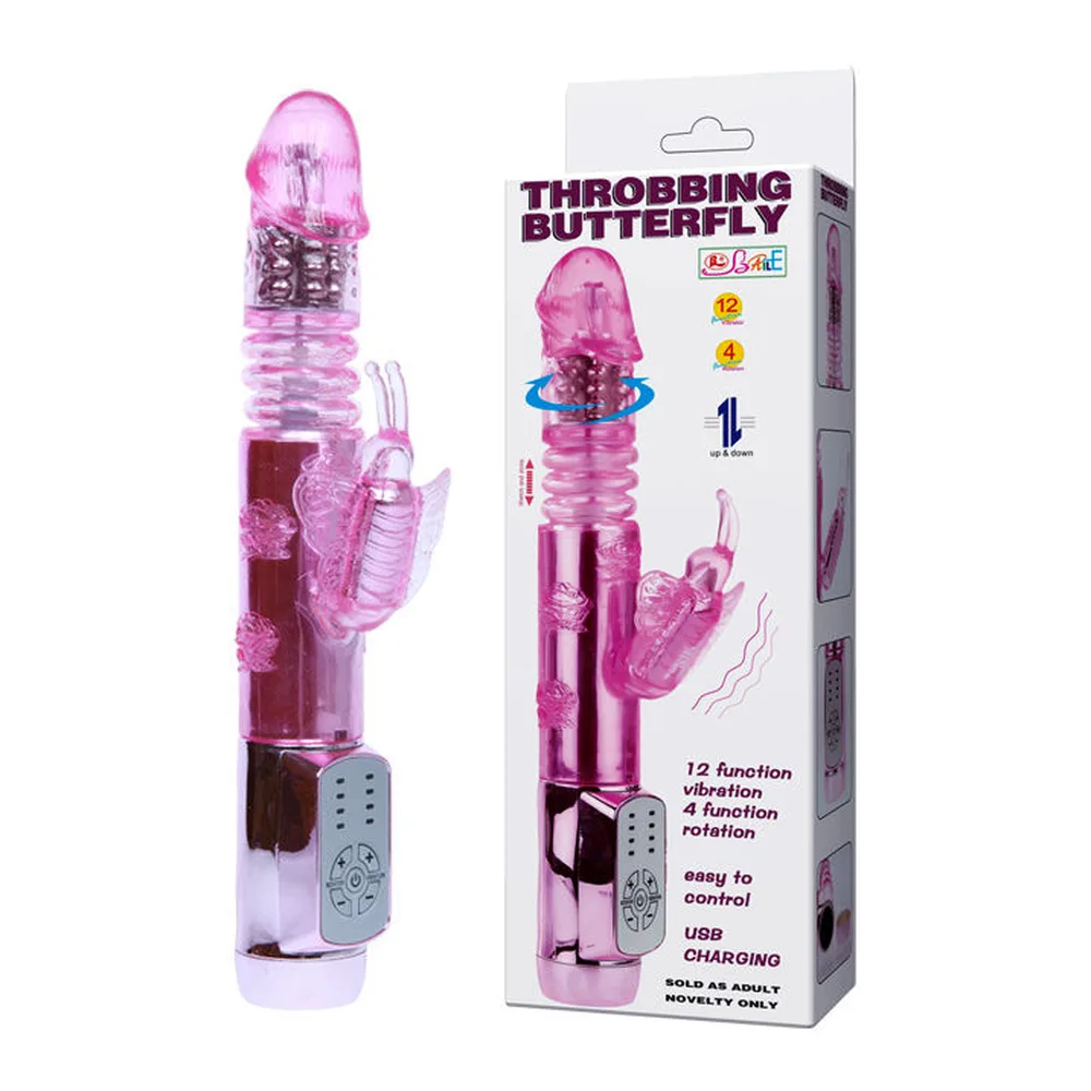 Vibromasseur rabbit rose transparent avec tête perlée, tige à rainures ondulées, bras papillon articulé et base carrée rose avec panneau de commande