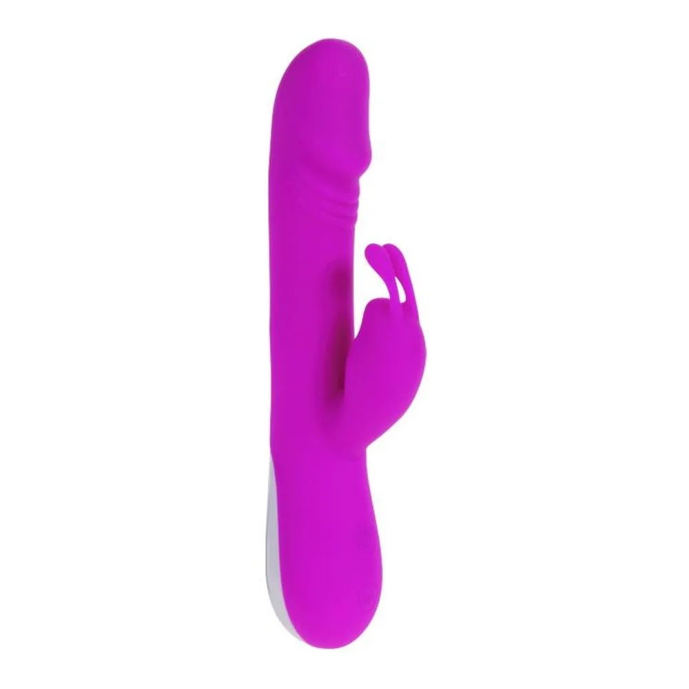 Vibromasseur magenta en silicone avec stimulateur clitoridien en forme d'oreilles de lapin, tige principale arrondie et détails texturés, sur fond blanc