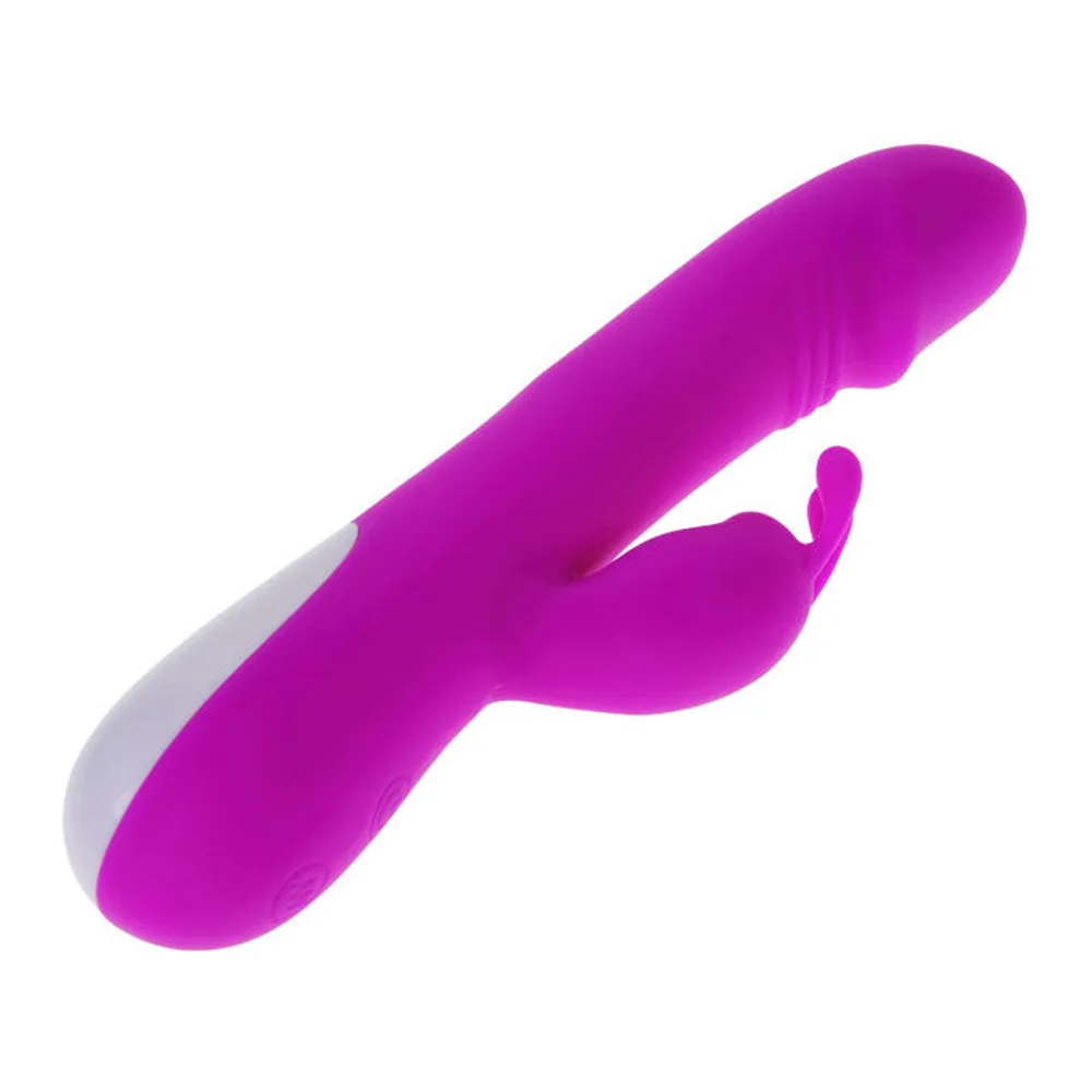Vibromasseur magenta en silicone avec stimulateur clitoridien en forme d'oreilles de lapin, tige principale arrondie et détails texturés, sur fond blanc