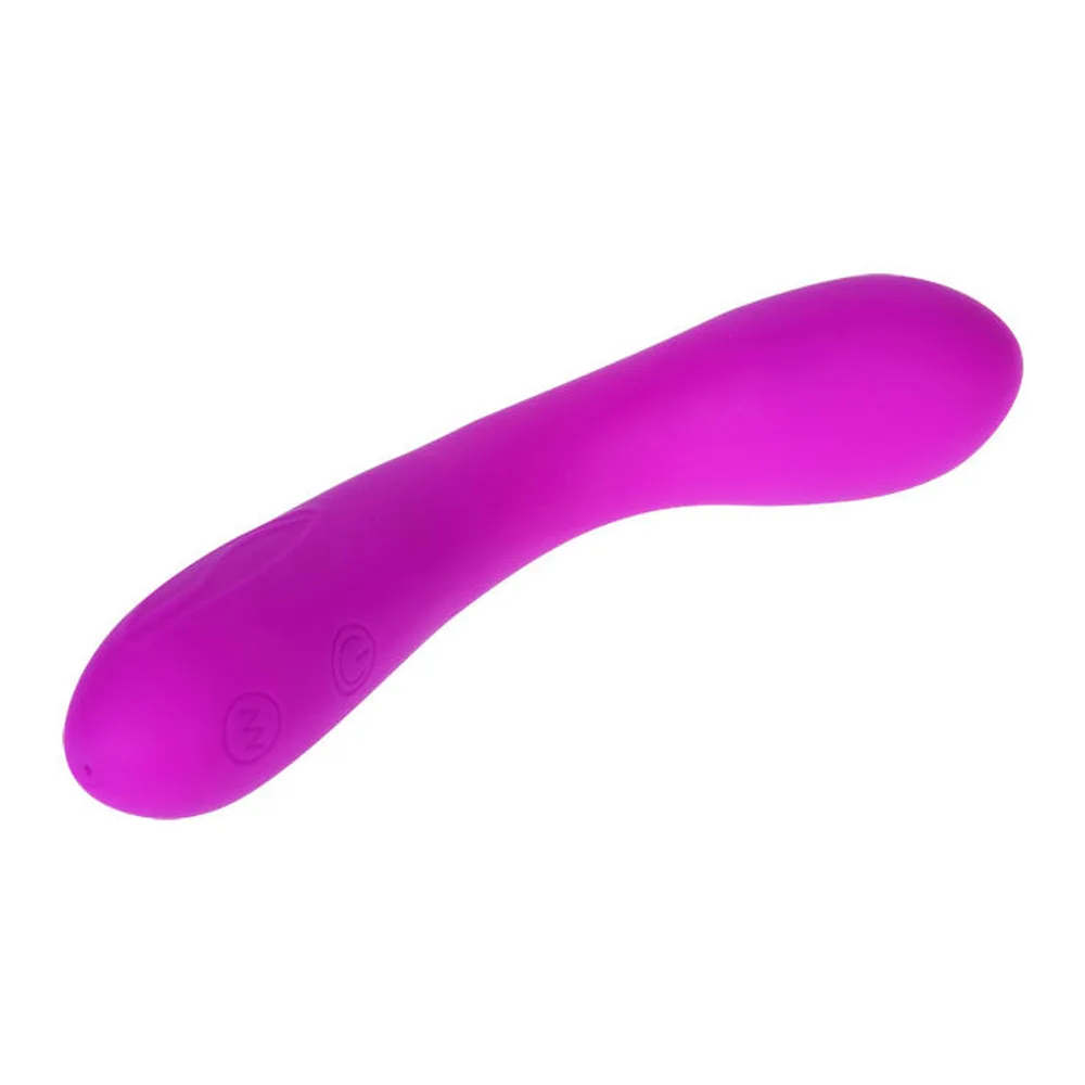 Vibromasseur en silicone magenta avec double courbe en S, extrémités arrondies, sur fond blanc