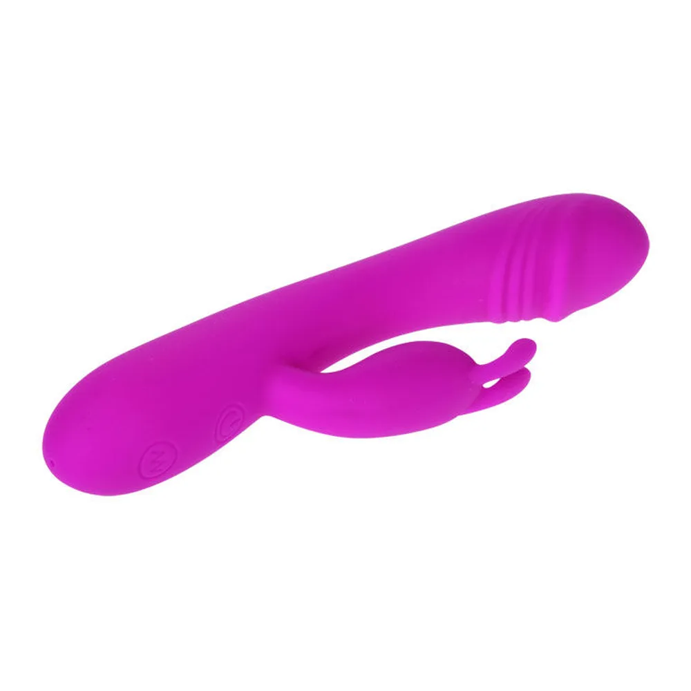 Vibromasseur rabbit rose magenta avec deux branches courbes, l'une principale effilée et l'autre plus petite recourbée, sur fond blanc