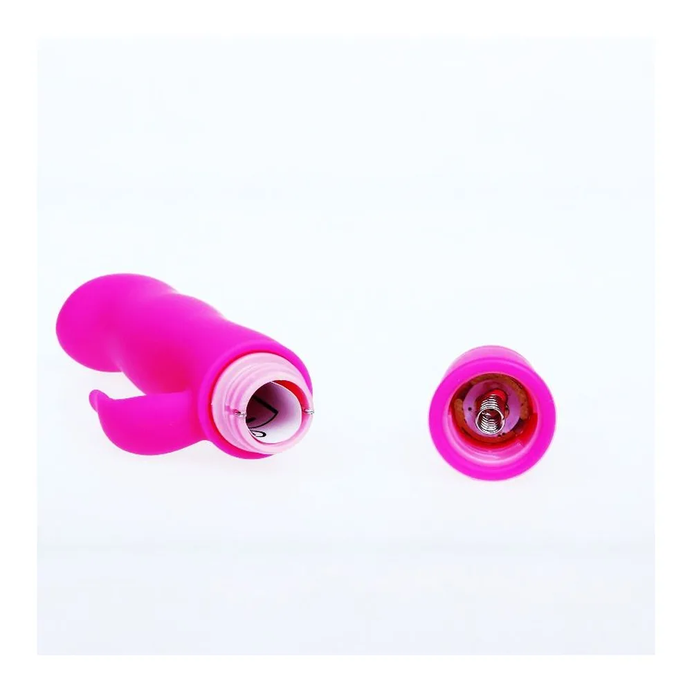 Vibromasseur rose fuchsia en silicone avec bras clitoridien articulé, vue de face et de dessus montrant la tête de stimulation et le compartiment à pile