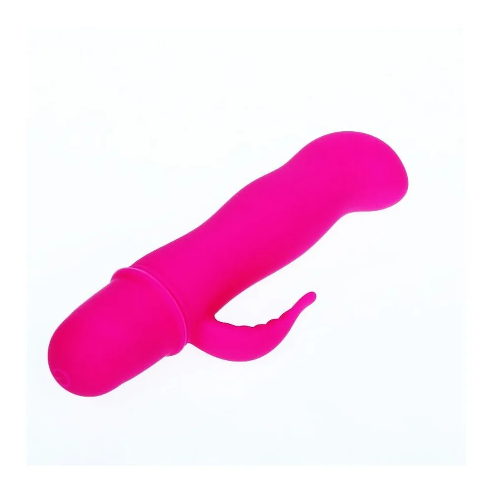Vibromasseur rose fuchsia en silicone avec bras clitoridien articulé, vue de face et de dessus montrant la tête de stimulation et le compartiment à pile