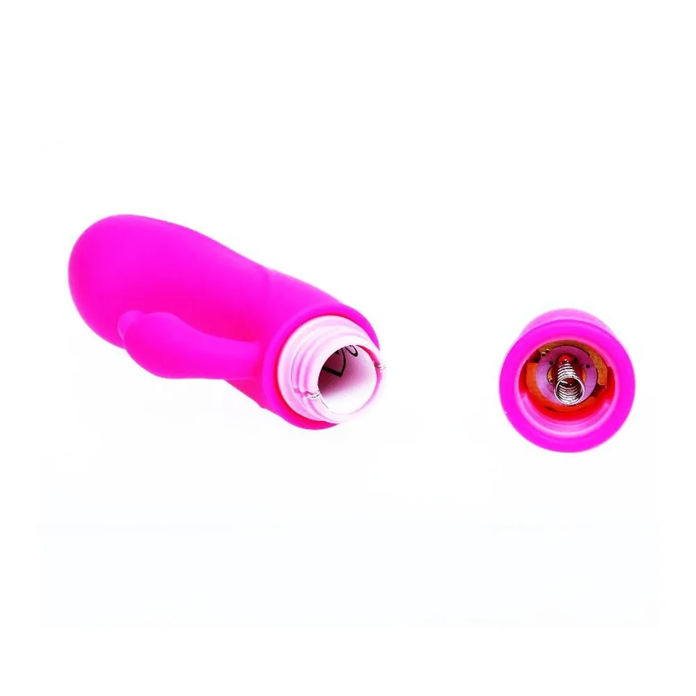 Vibromasseur rabbit rose fuchsia de 12,7 cm présenté de deux angles : vue complète et détail du mécanisme interne avec batterie visible