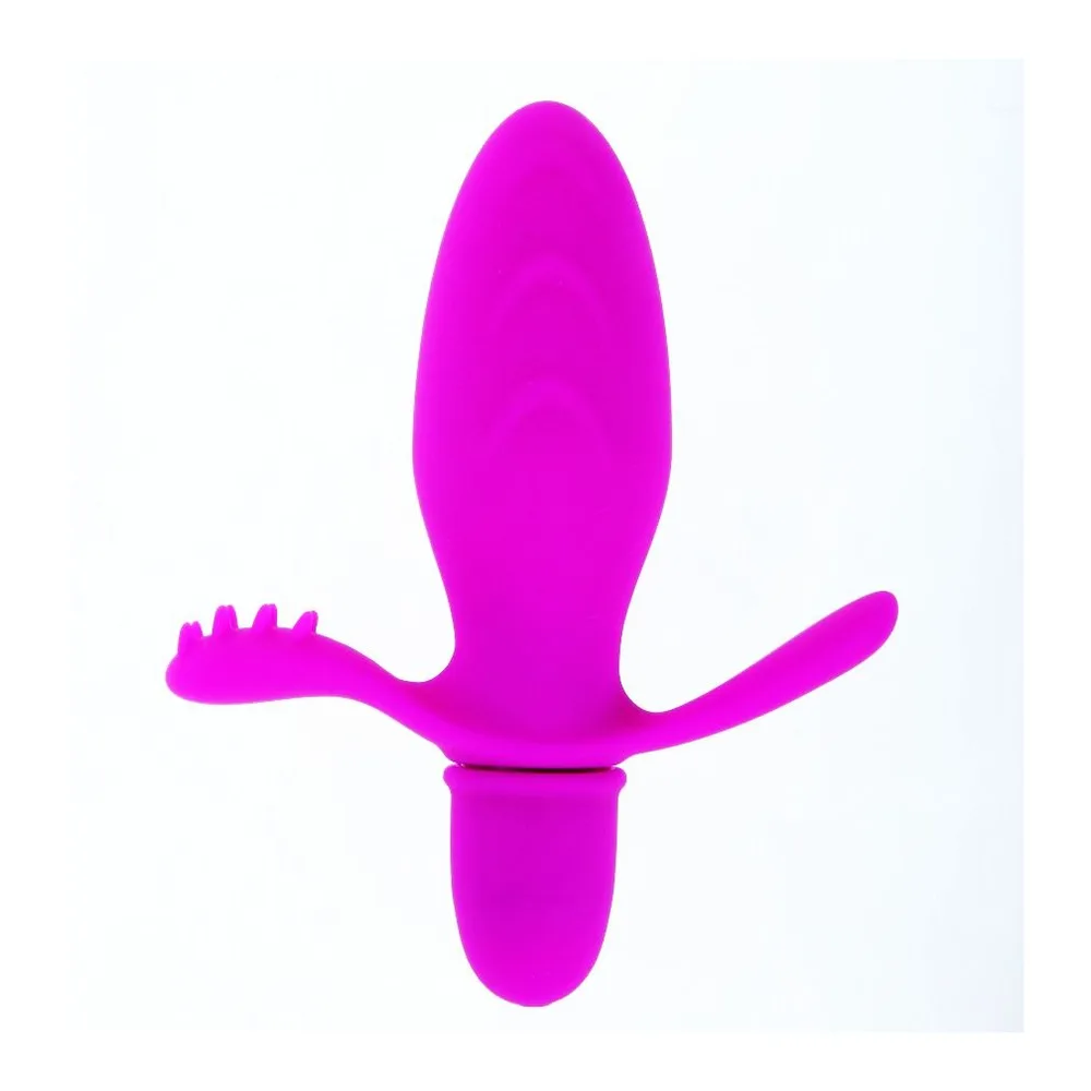 Vibromasseur magenta en silicone avec tête ovale et deux bras latéraux articulés terminés par des textures de massage, sur fond blanc