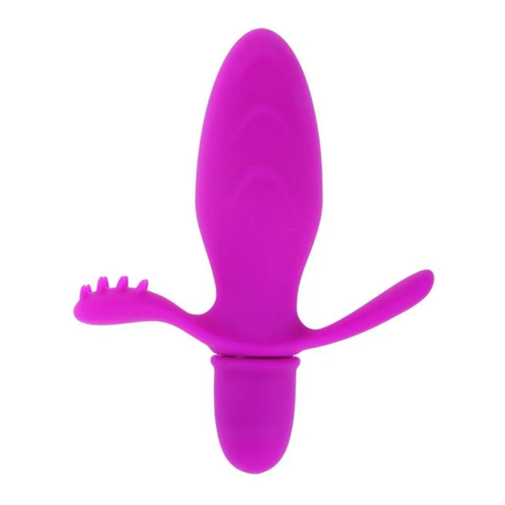 Vibromasseur magenta en silicone avec tête ovale et deux bras latéraux articulés terminés par des textures de massage, sur fond blanc