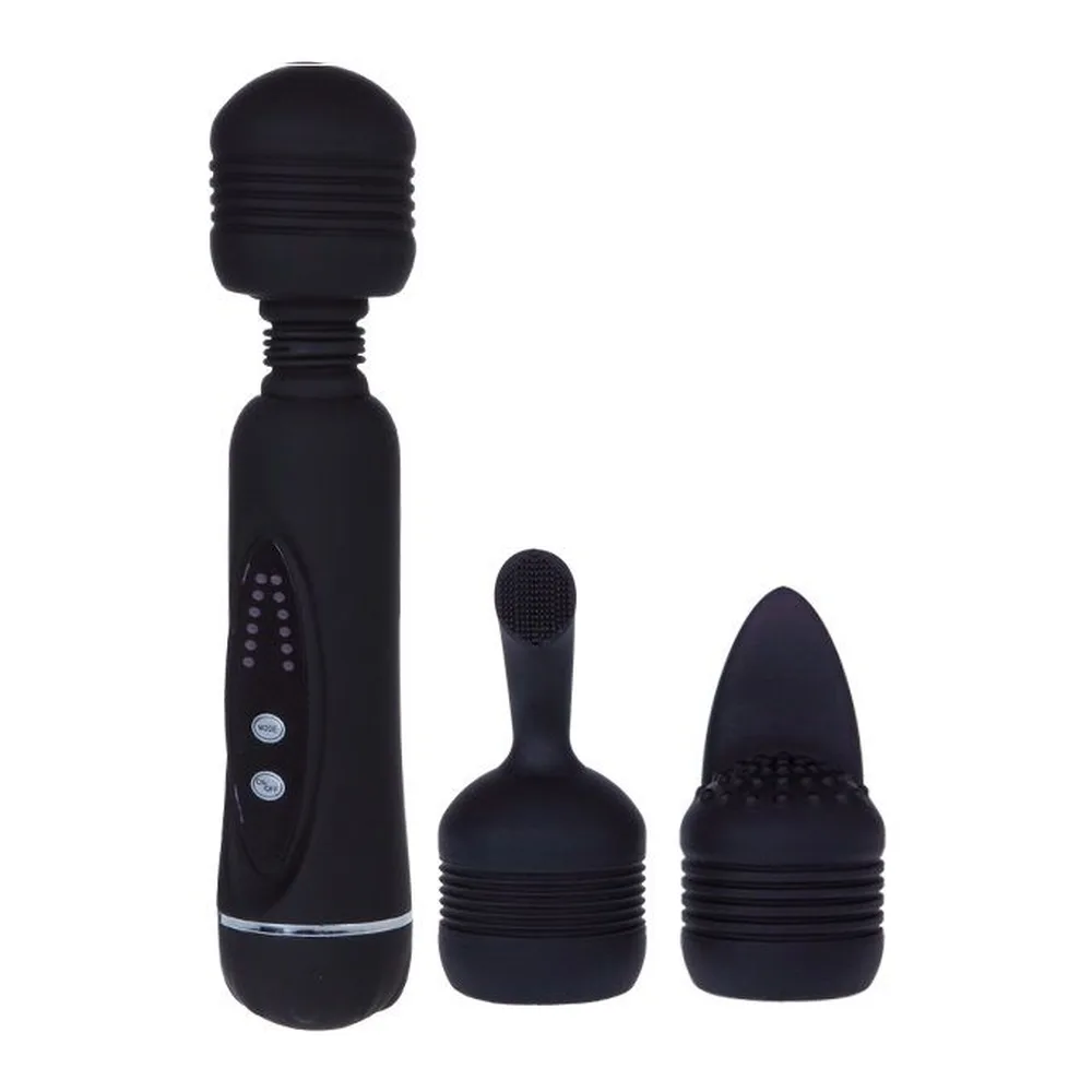Vibromasseur noir avec tête ronde pliable et trois embouts interchangeables : une tête large, une tête étroite textilée et une tête pointue, avec boutons de contrôle sur le corps