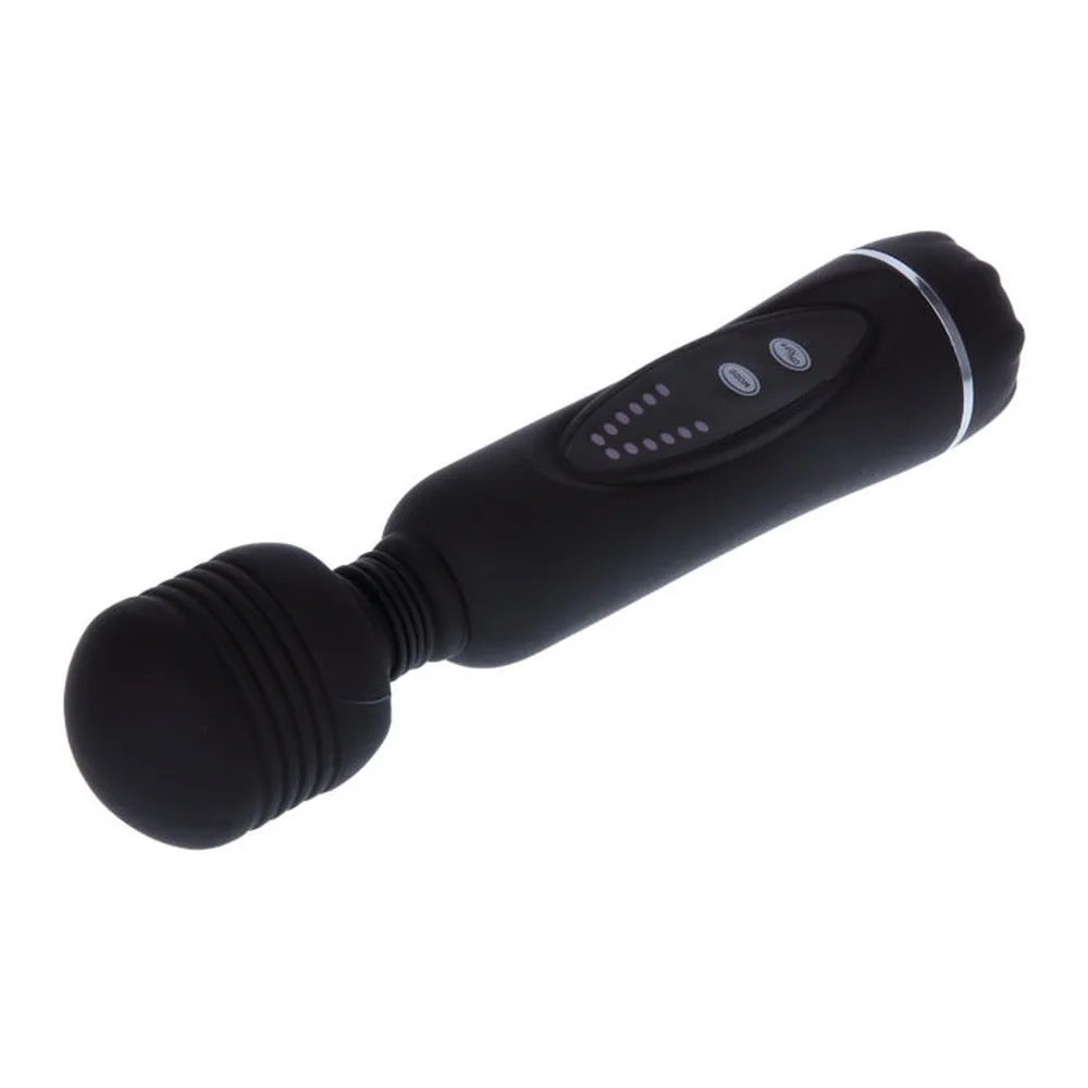Vibromasseur noir avec tête ronde pliable et trois embouts interchangeables : une tête large, une tête étroite textilée et une tête pointue, avec boutons de contrôle sur le corps