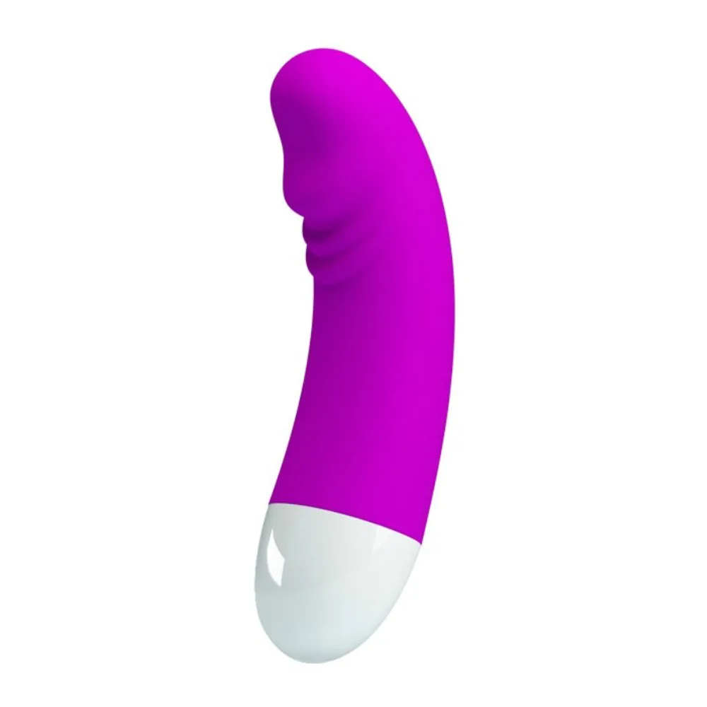 Mini vibromasseur courbé en silicone magenta avec embout blanc arrondi, vue de profil sur fond blanc