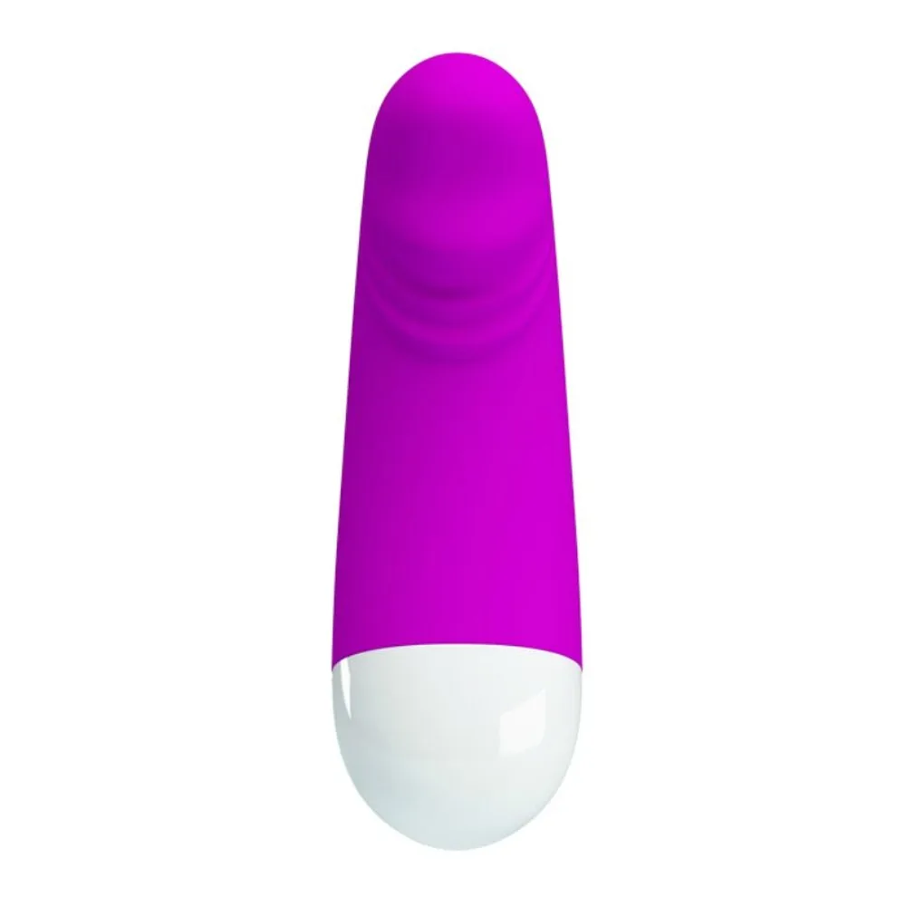 Mini vibromasseur courbé en silicone magenta avec embout blanc arrondi, vue de profil sur fond blanc