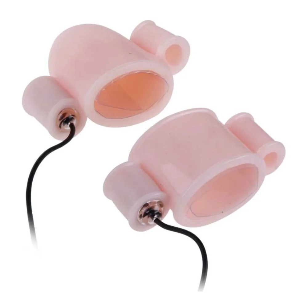 Ensemble de jouet intime composé de deux manchons en silicone rose pâle avec ailettes latérales et d'une commande filaire noire avec ventilateur intégré et câbles de connexion