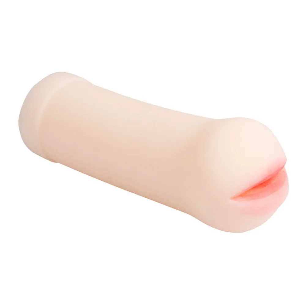 Masturbateur cylindrique beige clair avec entrée en silicone rose, fond blanc