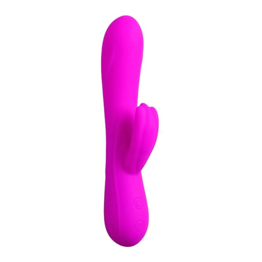 Vibromasseur en silicone magenta avec stimulateur de forme allongée et deux branches courtes de chaque côté, sur fond blanc