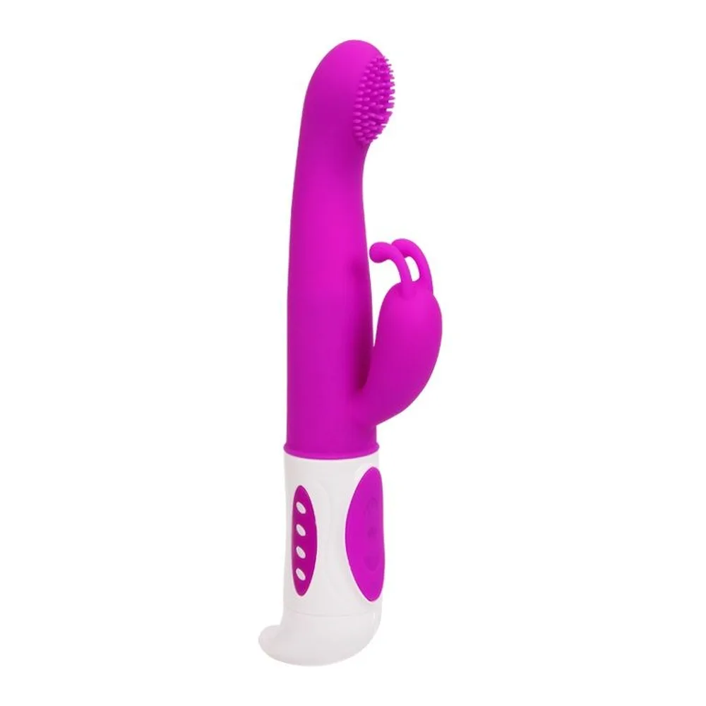 Vibromasseur rabbit magenta avec tige texturée et bras clitoridien en forme d'oreilles, manche blanc et magenta avec boutons de contrôle