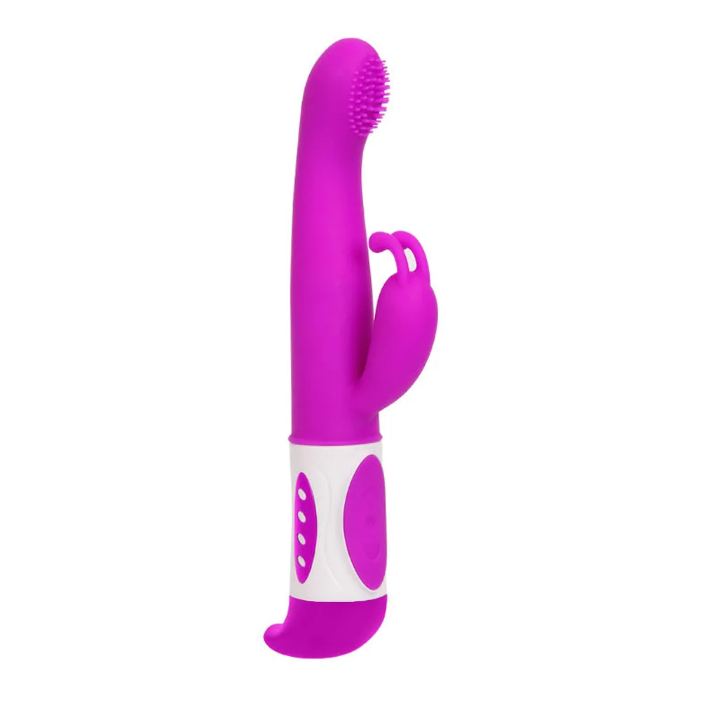 Vibromasseur rabbit magenta avec tige texturée et bras clitoridien en forme d'oreilles, manche blanc et magenta avec boutons de contrôle