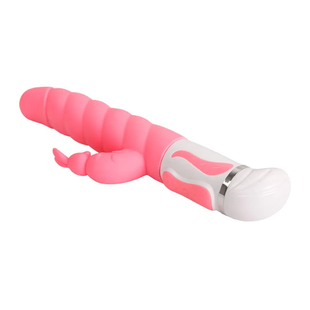 Vibromasseur rabbit rose et blanc de 27 cm avec tête rotative, corps en silicone nervuré et commandes blanches