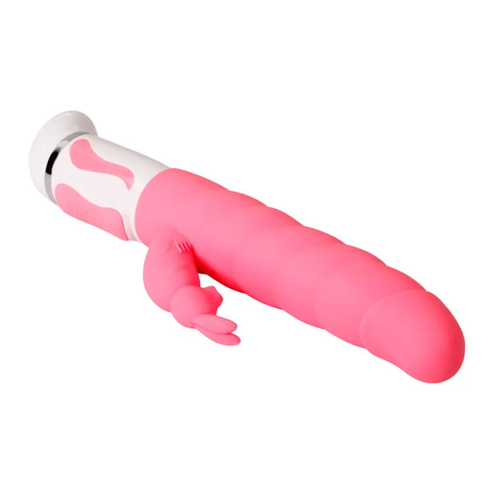 Vibromasseur rabbit rose et blanc de 27 cm avec tête rotative, corps en silicone nervuré et commandes blanches