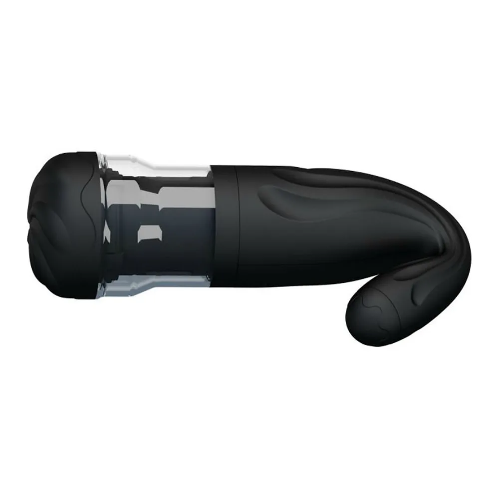 Masturbateur noir en silicone avec corps galbé, chambre transparente au sommet, bouton de commande visible, design ergonomique incurvé