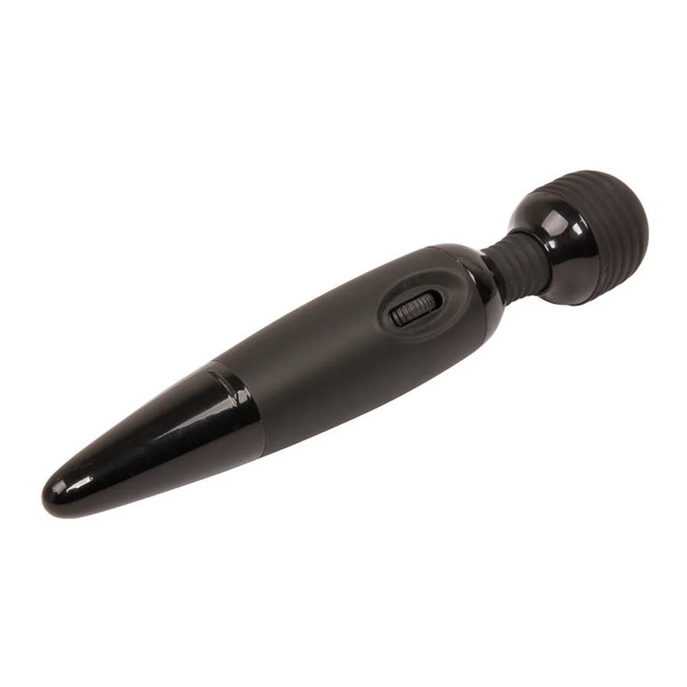 Masseur wand noir en silicone avec tête sphérique striée flexible, manche effilé et bouton de commande, sur fond blanc