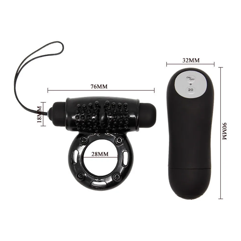 Anneau noir en silicone avec picots de stimulation, télécommande intégrée et cordon, accompagné d'un stimulateur détachable en silicone noir sur fond blanc