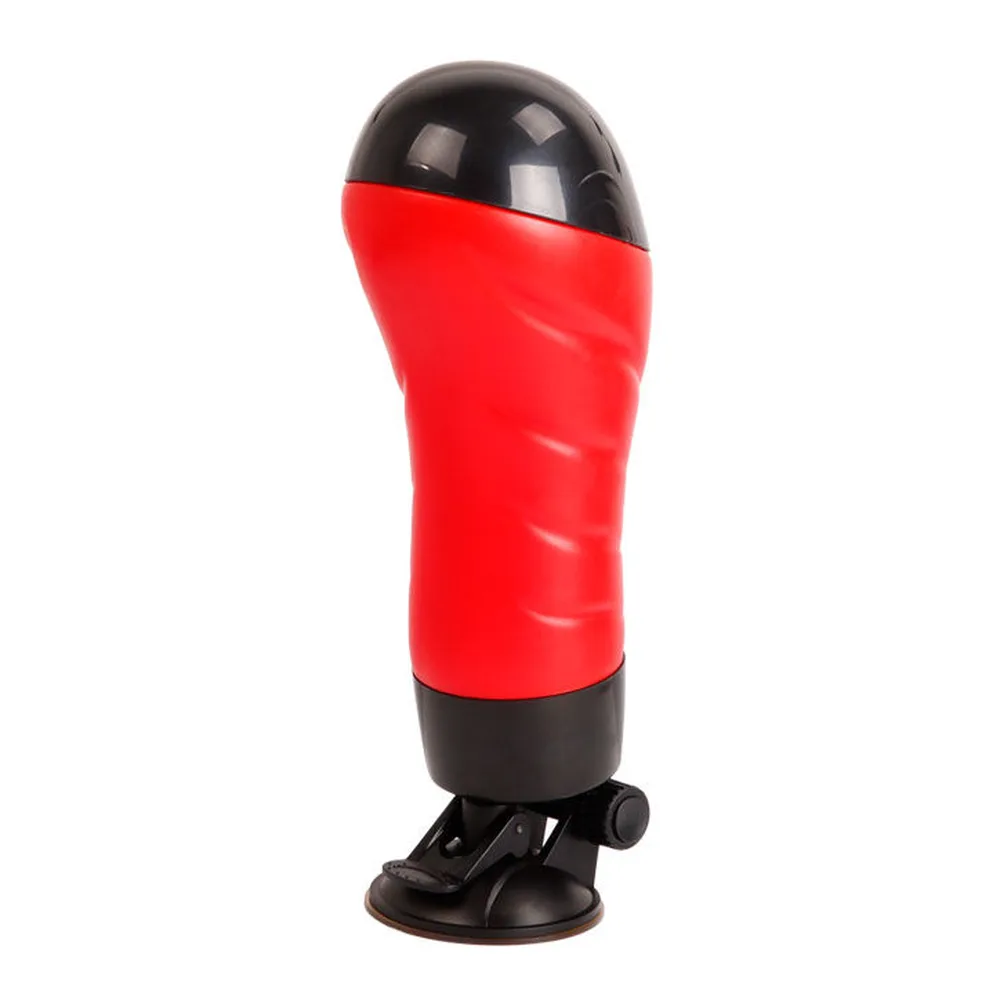 Masturbateur cylindrique rouge et noir avec dôme noir brillant, équipé d'une ventouse noire à la base, sur fond blanc
