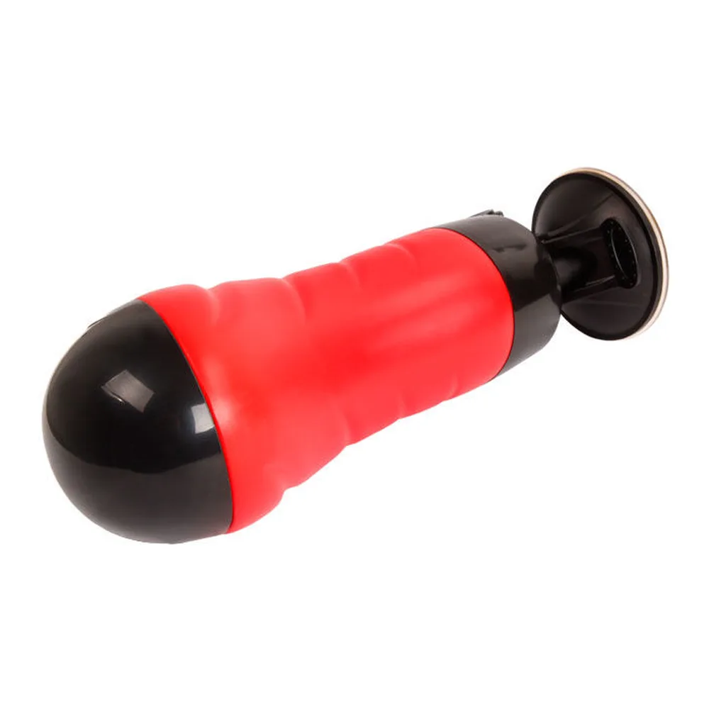 Masturbateur cylindrique rouge et noir avec dôme noir brillant, équipé d'une ventouse noire à la base, sur fond blanc