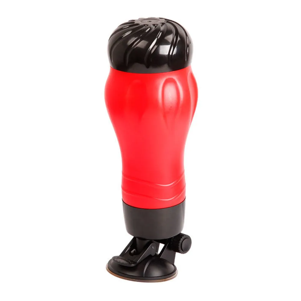 Masturbateur rigide rouge et noir avec dôme texturé, corps ergonomique et base ventouse noire, sur fond blanc