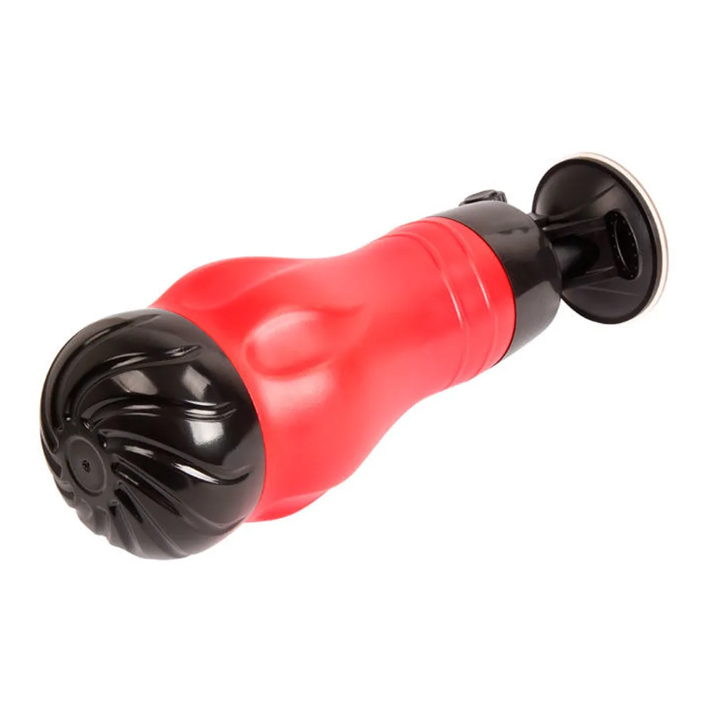 Masturbateur rigide rouge et noir avec dôme texturé, corps ergonomique et base ventouse noire, sur fond blanc
