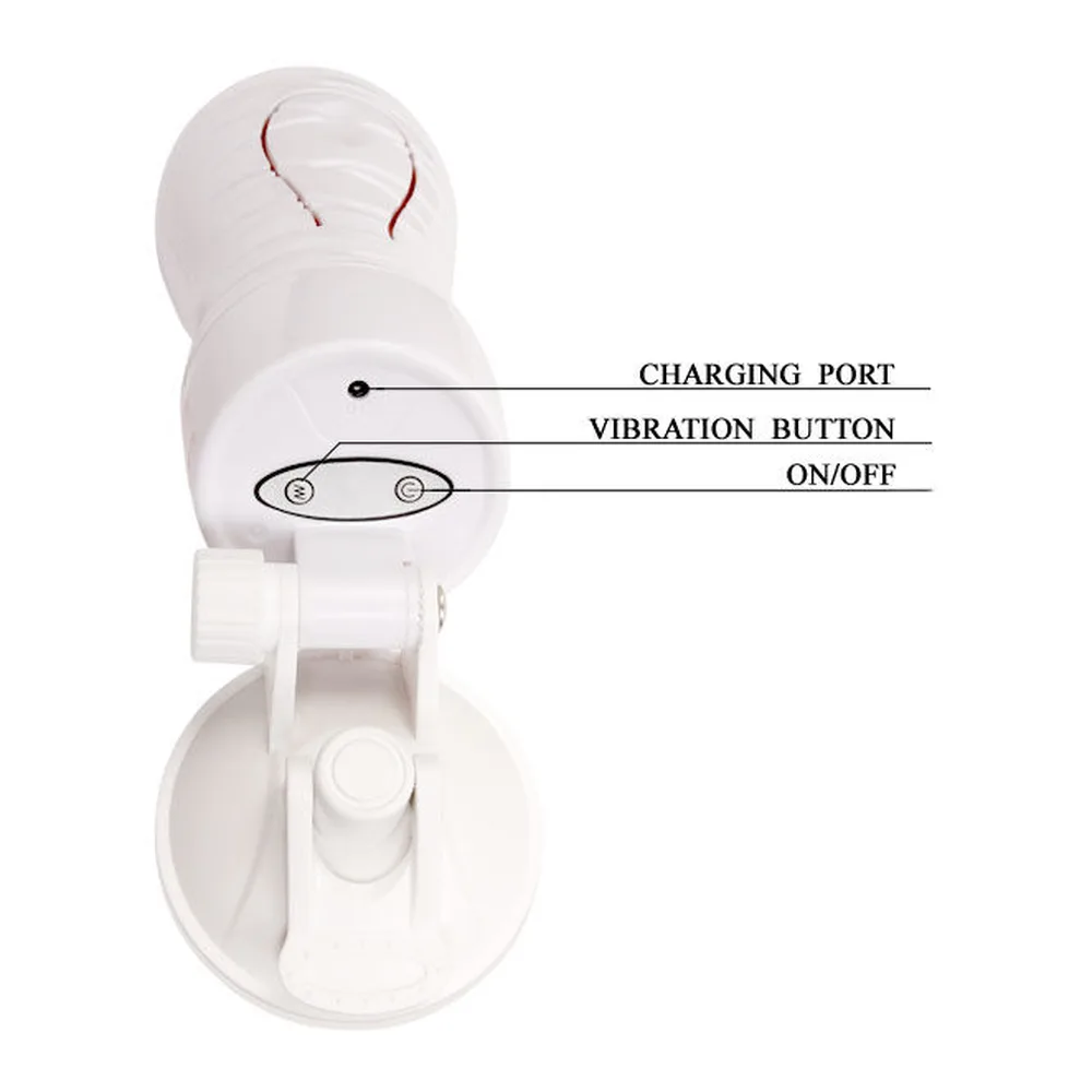 Masturbateur cylindrique blanc avec ventouse, orifice vaginal détachable en silicone clair, capot dôme blanc, câble de recharge USB inclus, présenté démonté sur fond blanc