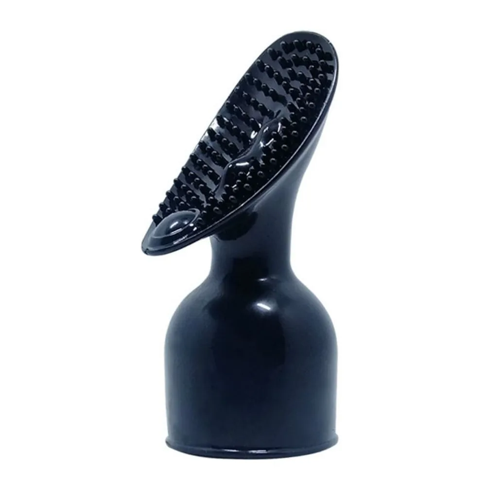 Tête de stimulateur clitoridien noir en silicone avec embout ovale à picots réguliers, montée sur socle cylindrique
