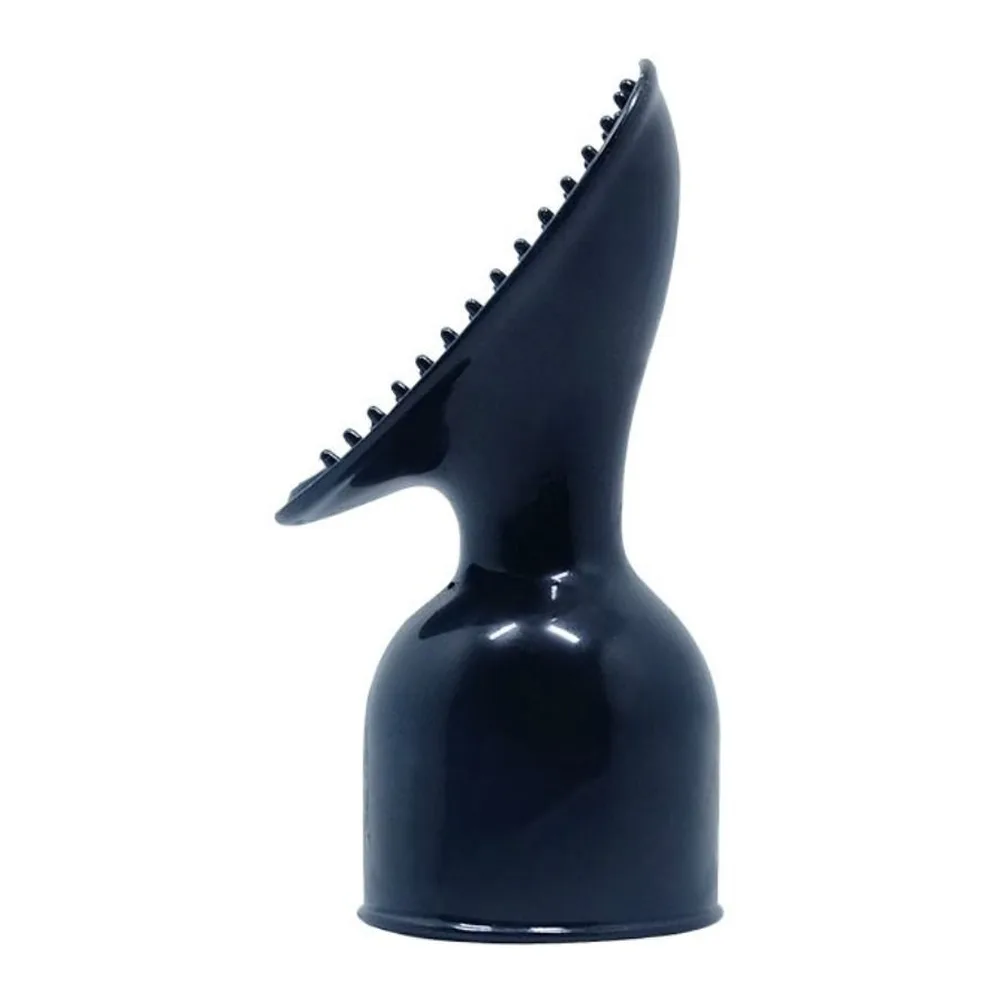 Tête de stimulateur clitoridien noir en silicone avec embout ovale à picots réguliers, montée sur socle cylindrique