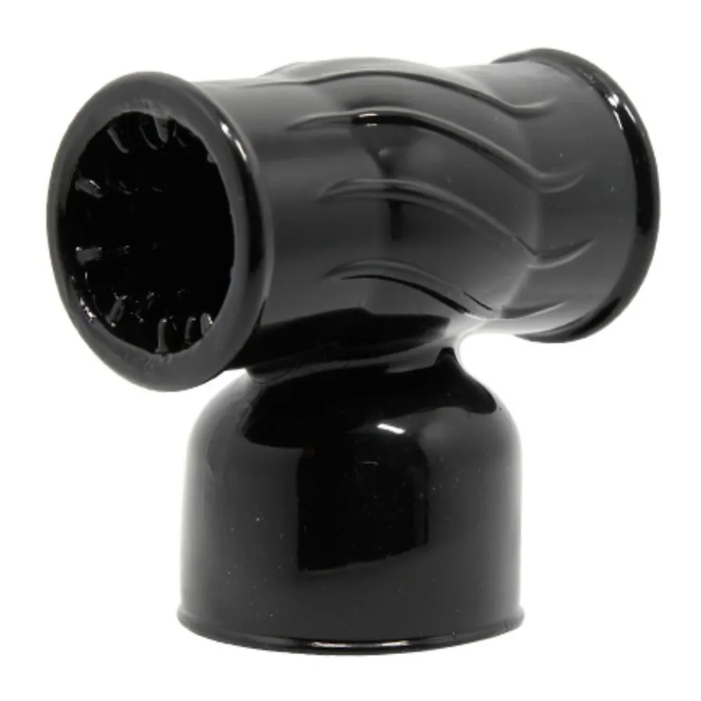Tête interchangeable en silicone noir avec texture interne visible, conçue pour s'adapter à un masseur, présentation sur fond neutre